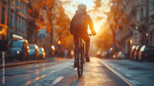 People are cycling at sunset on a city street after work activities photo