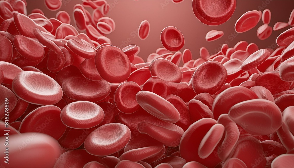 3D rendering, flying large group of blood cells. Red background. 3D rendering, flying large group of blood cells. Red background.