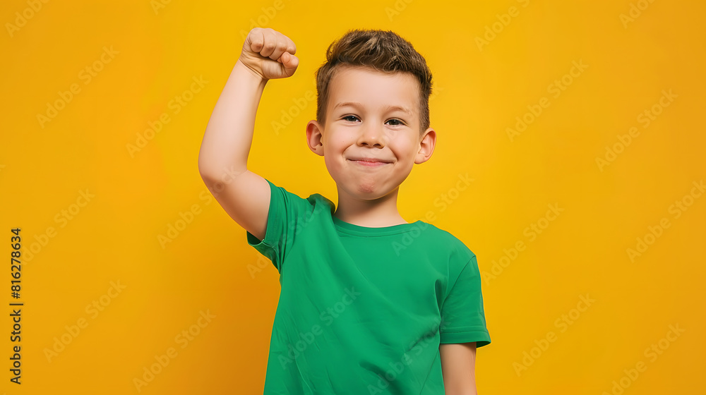 Full body little small fun happy boy 67 years old wearing green tshirt do winner gesture clench fist isolated on plain yellow background studio portrait Mothers Day love family lifesty : Generative AI Full body little small fun happy boy 67 years old wearing green tshirt do winner gesture clench fist isolated on plain yellow background studio portrait Mothers Day love family lifesty : Generative AI