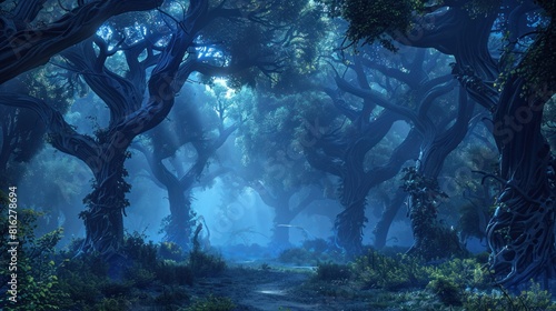 Beautiful Magical trees in fantasy misty forest at night, highly detailed 3d digital art style