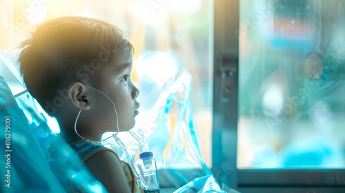 Toddler boy in intensive care unit or icuCovid19 coronavirus toddler boy wearing IV tube looking out window in hospitalSick patient child baby boy in icuCancer Pediatric Dengue fevermo : Generative AI photo
