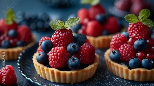 Fruit tartlets with pastry cream and fresh berries  fresh foods in minimal style