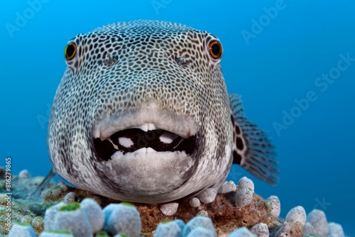 Star puffer (Arothron stellatus) from the front, located on coral, portrait, Indian Ocean, North Male Atoll, Maldives, Asia photo