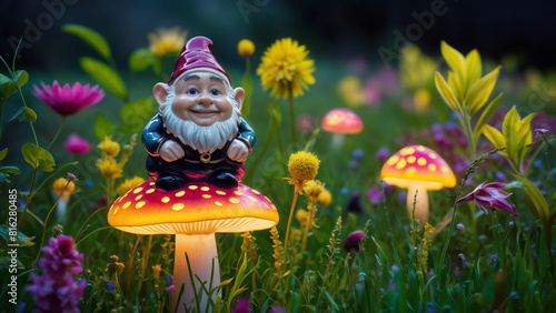 Adorable sculpted ceramic garden Gnome ornament sitting on a bioluminescent glowing orange mushroom, friendly smile and chubby short stature with white beard, big ears and wearing red hat.  photo