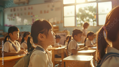 Sideview ofschool childrensitting inarowon desksunderselective focusas they takea testintheclassroomwhile the supervisor iswalkinginthebackground : Generative AI photo