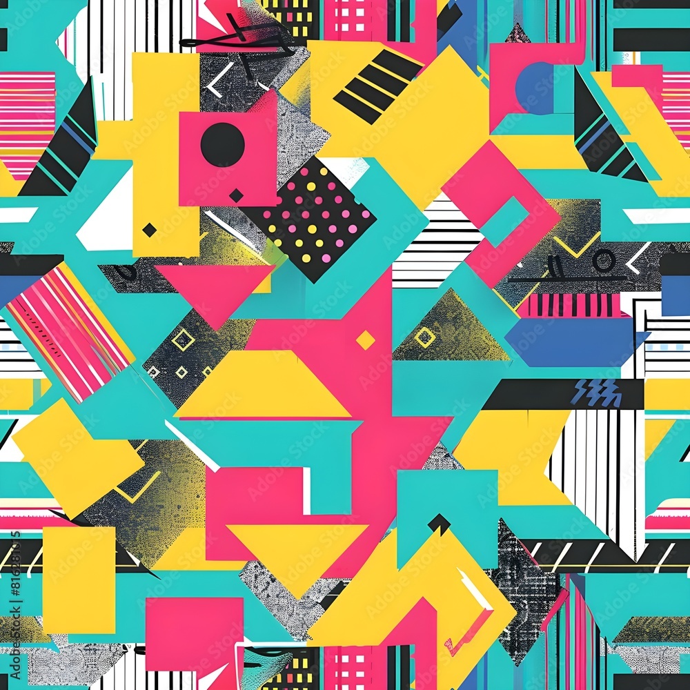 Celebrate the style of the 80s in your design with a patterned background, showcasing bold geometric patterns, vibrant colors,