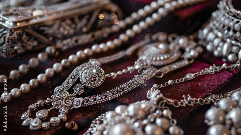 A luxurious display of antique silver jewelry, including necklaces and bracelets, arranged elegantly on a velvet surface, Close up A luxurious display of antique silver jewelry, including necklaces and bracelets, arranged elegantly on a velvet surface, Close up