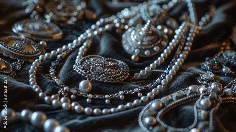 A luxurious display of antique silver jewelry, including necklaces and bracelets, arranged elegantly on a velvet surface, Close up