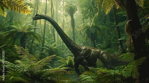 A majestic Brachiosaurus standing tall in a lush Jurassic forest  reaching for leaves with its long neck against a backdrop of towering ferns  Close up