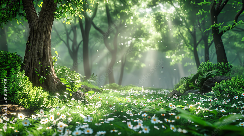 Fototapeta premium Misty Morning Light Filtering Through Green Forest, Sunbeams Dancing on the Woodland Floor