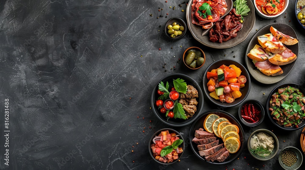 A modern banner featuring a variety of halal tapas, each dish creatively plated on black ceramic, with ample space for text above or below, Close up A modern banner featuring a variety of halal tapas, each dish creatively plated on black ceramic, with ample space for text above or below, Close up