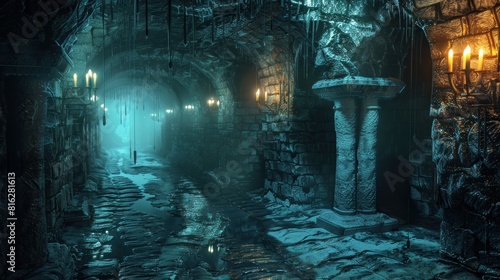 Fototapeta Naklejka Na Ścianę i Meble -  Mystical medieval catacombs with torches. Highly detailed 3d digital art style