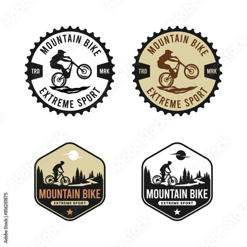the emblem logo showcasing a mountain bike motif, incorporating elements such as chainrings, pines tree and MTB biker. This design ideal for enthusiasts and businesses in the biking industry.