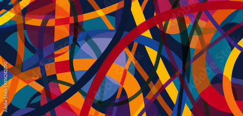 An abstract geometric pattern of intersecting lines and circles in bold primary colors, resembling a digital artwork.