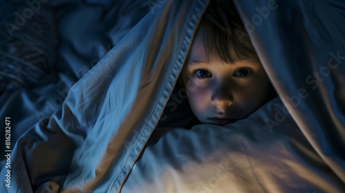 Boy with a serious face under the blanket at night in his bed communicates on Internet Child gadget addiction and insomnia : Generative AI
