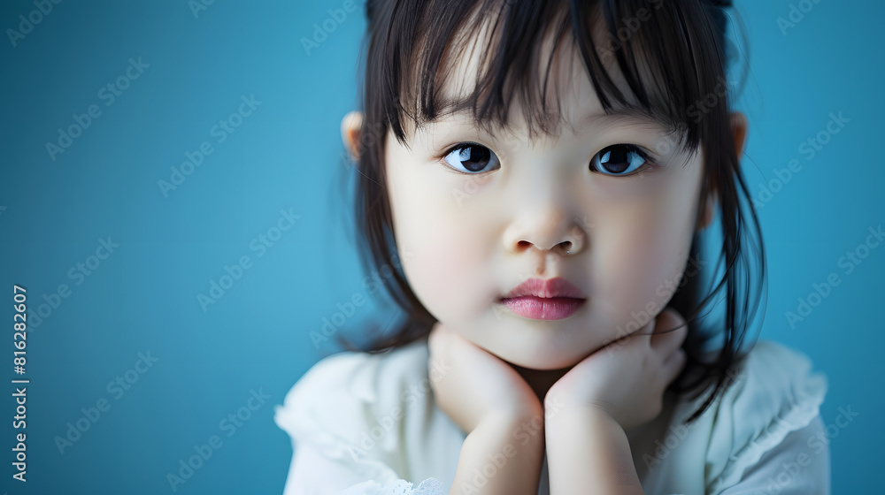 Image of Asian child posing on blue background : Generative AI Image of Asian child posing on blue background : Generative AI