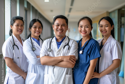 Photography of filipino team of professional workers in a hospital.	