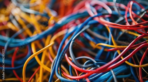 Close-up of tangled wires in a messy pile photo