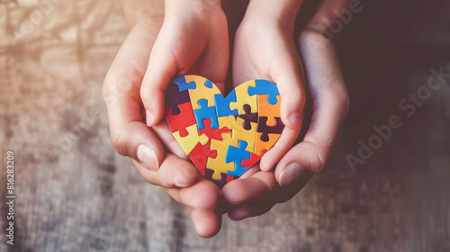 Wallpaper Mural Adult and chiild hands holding jigsaw puzzle heart shape Autism awareness Autism spectrum disorder family support concept World Autism Awareness Day : Generative AI Torontodigital.ca