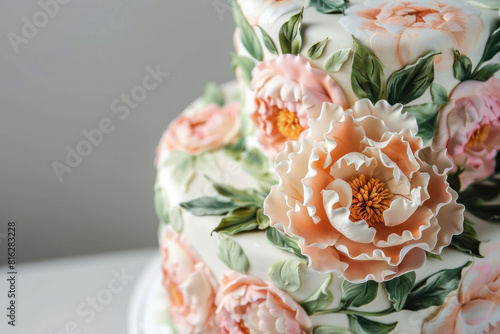 exquisite multi tier wedding cake adorned with peach and white sugar flowers photo