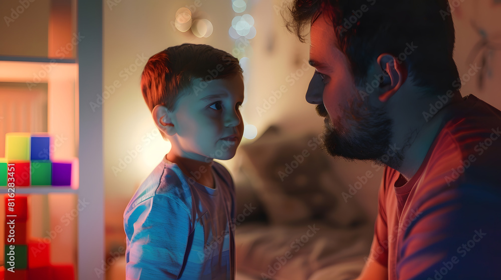 Autistic boy during therapy at home with his father with learning and having fun together Autism awareness concept : Generative AI Autistic boy during therapy at home with his father with learning and having fun together Autism awareness concept : Generative AI