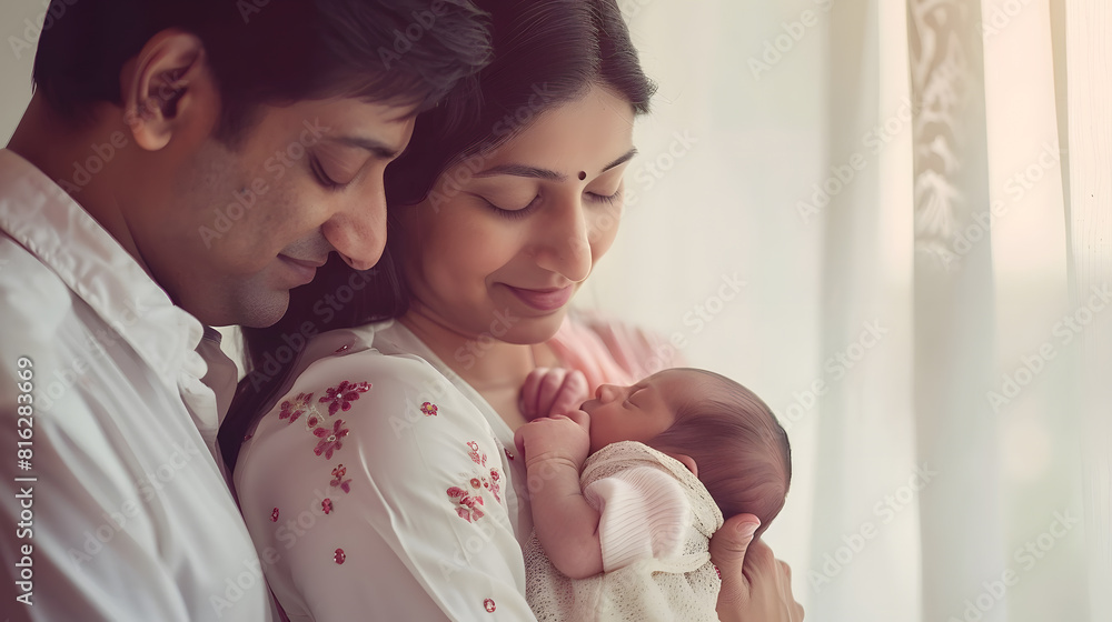 Portrait of Indian parents with newborn baby Young asian couple holding ...