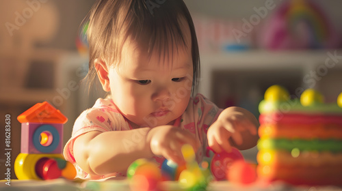cute baby girl with down syndrome learning with educational toys at home with momchild special education in the family : Generative AI