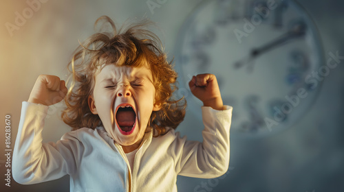 A sleepy child yawns with an alarm clock in his hands Early rise to school or kindergarten The kid was awakened early in the morning with tousled hair The little girl did not get enoug : Generative AI photo