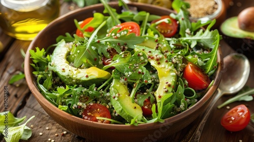vibrant salad bowl filled with fresh greens  cherry tomatoes  avocado slices  and quinoa  drizzled with olive oil  on a wooden table.