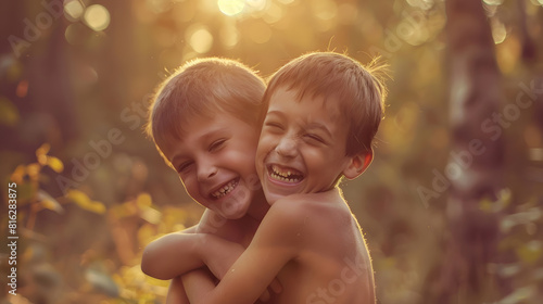 Two happy boys happy brothers who are smiling happily together Brothers play outdoors in summer best friends Little brother with brother on his back Two brothers in the woods Fraternal : Generative AI