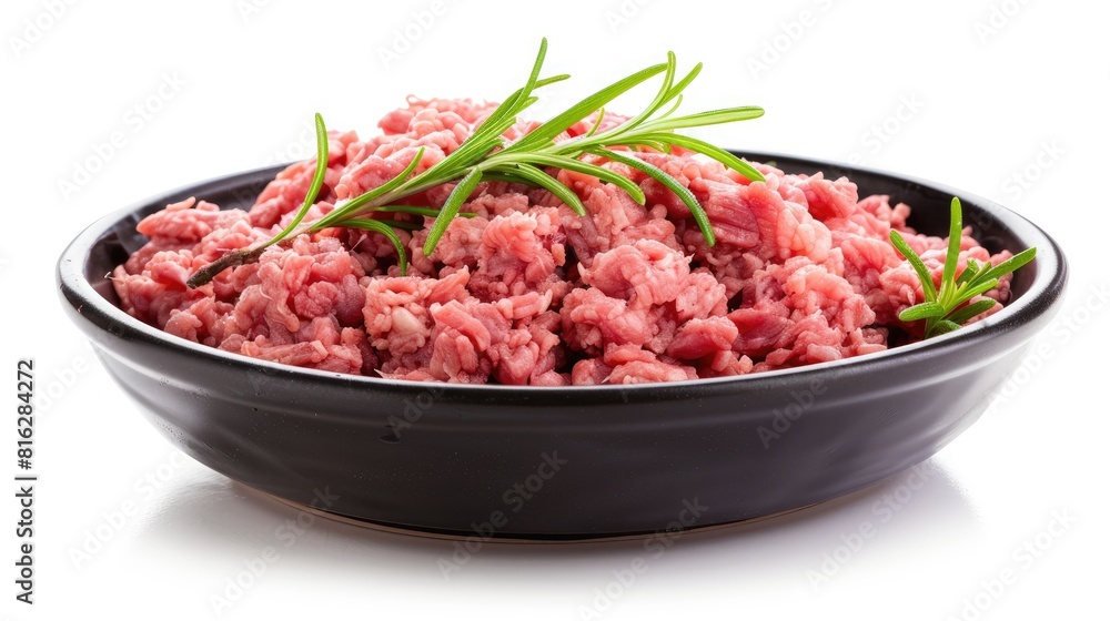 Bowl of ground beef isolated on a white background with a photo frame Bowl of ground beef isolated on a white background with a photo frame