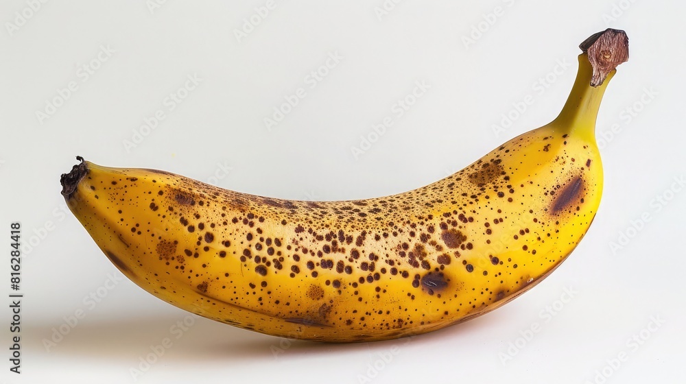 lone banana with a few brown spots, set against a pure white background, emphasizing its natural imperfections and ripeness lone banana with a few brown spots, set against a pure white background, emphasizing its natural imperfections and ripeness