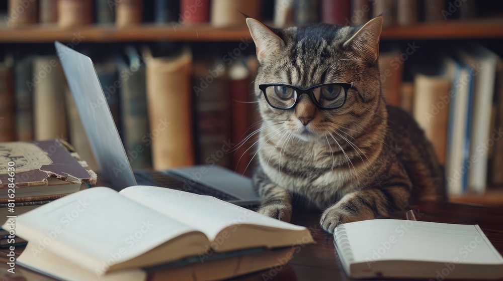 geeky cat with glasses, intensely focused on a laptop, surrounded by books and stationery on a wooden desk. geeky cat with glasses, intensely focused on a laptop, surrounded by books and stationery on a wooden desk.