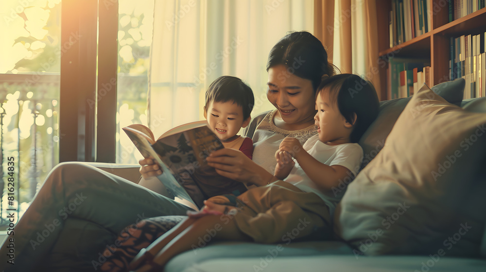 Fototapeta premium Recall the past life memories Happy time Mothers day grown up kid child joy fun look at old retro photo album with mature mum Asia adult people middle age mom smile enjoy relax sitting : Generative AI