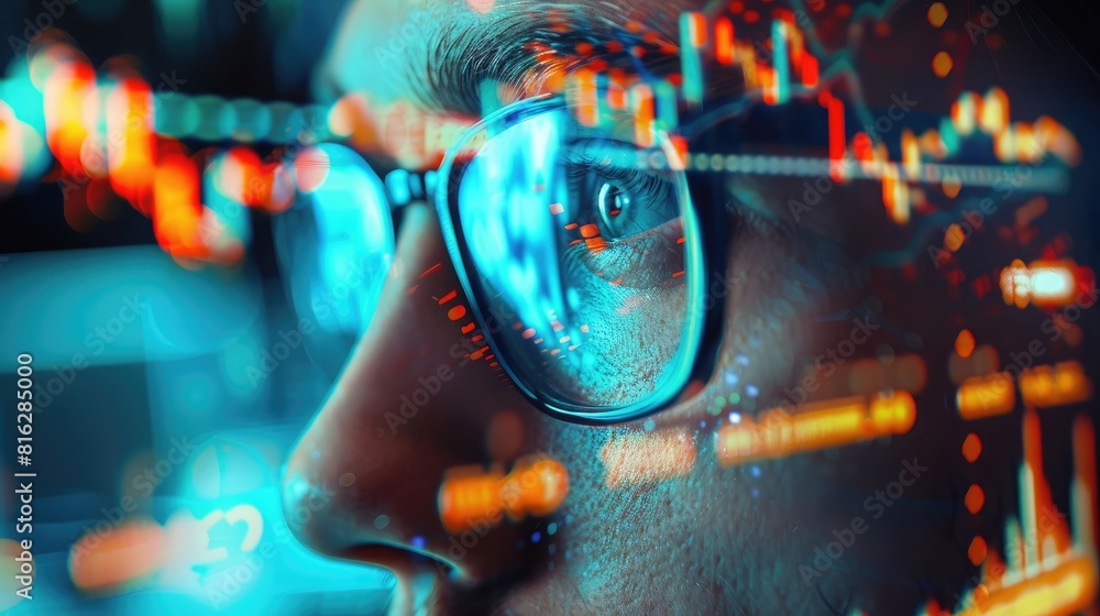 close-up of an investor's face with fluctuating stock graphs overlaid, highlighting their concentration and analytical skills. close-up of an investor's face with fluctuating stock graphs overlaid, highlighting their concentration and analytical skills.