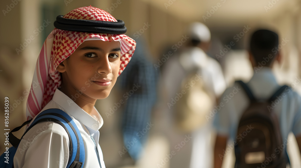 Real Middle east Arab student boy at school with blurred classmates schoolmate around wearing Kandura dish dash using F18 Aperture for Bokeh effect Saudi Arabia UAE Emirates Qatar Kuwa : Generative AI Real Middle east Arab student boy at school with blurred classmates schoolmate around wearing Kandura dish dash using F18 Aperture for Bokeh effect Saudi Arabia UAE Emirates Qatar Kuwa : Generative AI