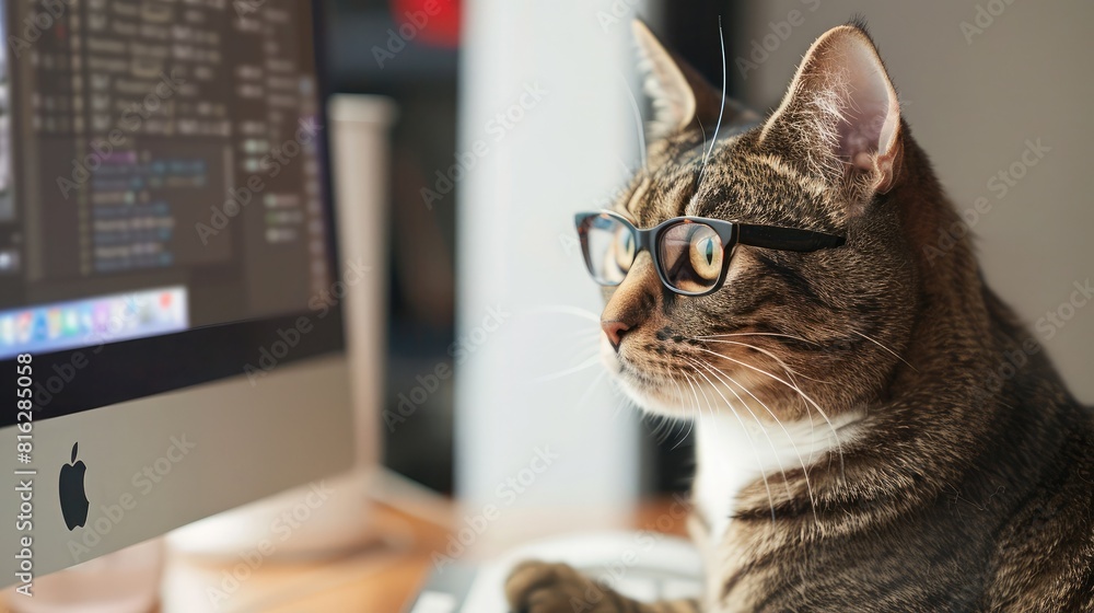 cat wearing glasses, seemingly engrossed in what's on the computer screen, with an organized desk setup and a white background.