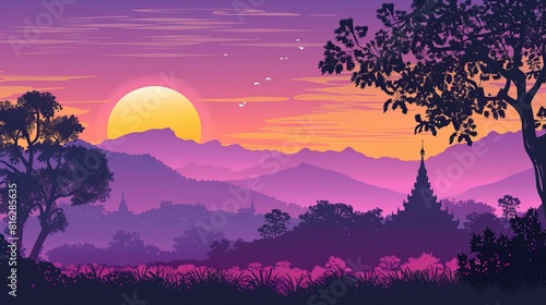beautiful landscape with a sunset over a mountain range