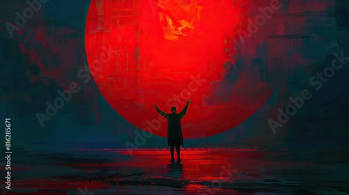 The painting is a dark, moody landscape. A large, red moon hangs in the sky, casting a red glow over the landscape. A figure stands in the foreground, arms outstretched. photo