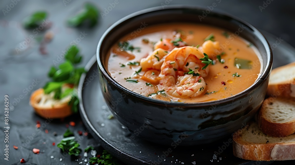 Lobster bisque with crusty bread, fresh foods in minimal style