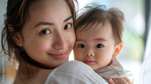 Stock photo of smiley woman holding her little baby and looking at camera : Generative AI