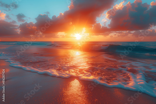 Vibrant beach sunset with foamy waves