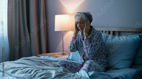 Mulher idosa de pijama sofrendo de dor de cabeça ou insônia sentada na cama no quarto em casa. Problema de saúde, insônia, depressão, conceito de emoções photo