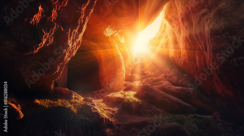 Túmulo vazio com caverna rochosa de pedra e raios de luz saindo de dentro. Ressurreição pascal de Jesus Cristo. Cristianismo, fé, religioso, conceito cristão de Páscoa photo