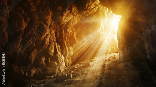 Túmulo vazio com caverna rochosa de pedra e raios de luz saindo de dentro. Ressurreição pascal de Jesus Cristo. Cristianismo, fé, religioso, conceito cristão de Páscoa