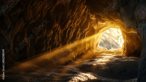 Túmulo vazio com caverna rochosa de pedra e raios de luz saindo de dentro. Ressurreição pascal de Jesus Cristo. Cristianismo, fé, religioso, conceito cristão de Páscoa photo