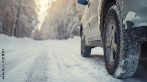 Estradas de inverno. Carro na estrada de neve. Closeup de pneus de inverno na estrada nevada com fundo de floresta