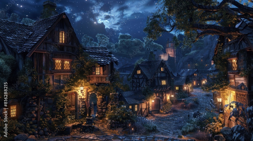 Beautiful Old medieval village at night, highly detailed 3d digital art style
