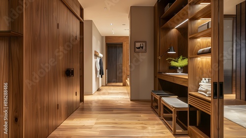 Interior stylish modern wooden entrance hallway decor with cozy wooden tone  contemporary home with furniture desk  stand and shoe bench.