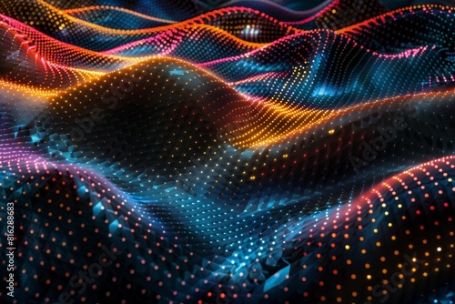 A colorful, abstract image of a wave with dots of different colors